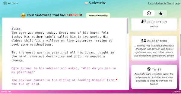 AI Novel Writing Software - Sudowrite Interface
