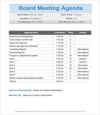 Agenda Meeting Template - Board Meeting Agenda
