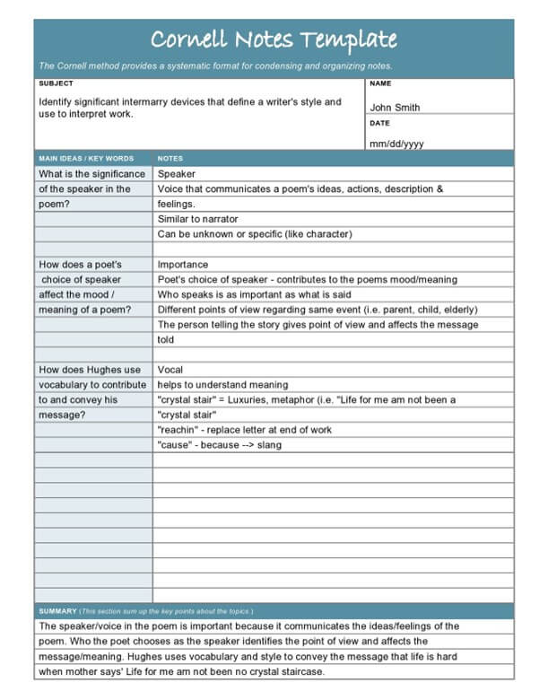 Cornell Note-Taking Template Excel - Cornell Notes Template 1