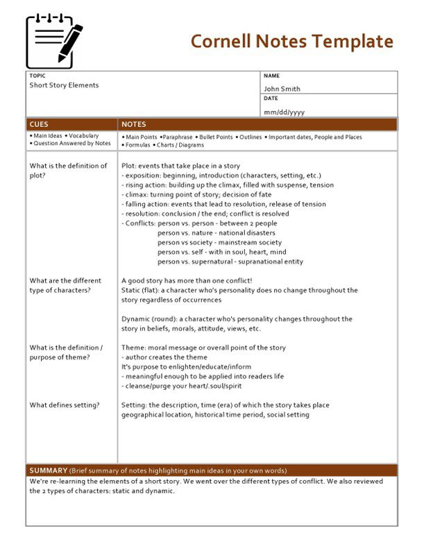 Cornell Note-Taking Template Excel - Cornell Notes Template 2