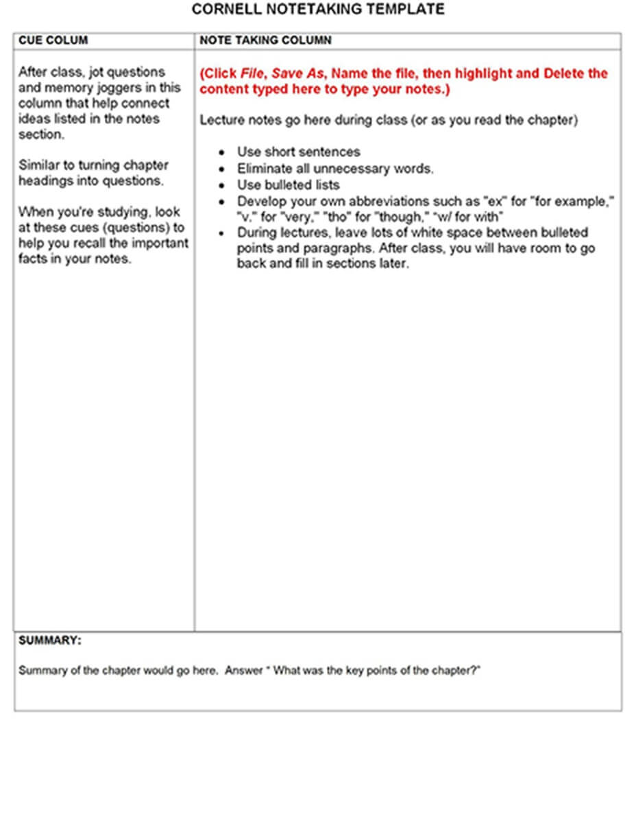 Cornell Note-Taking Template Word - Cornell Note-Taking