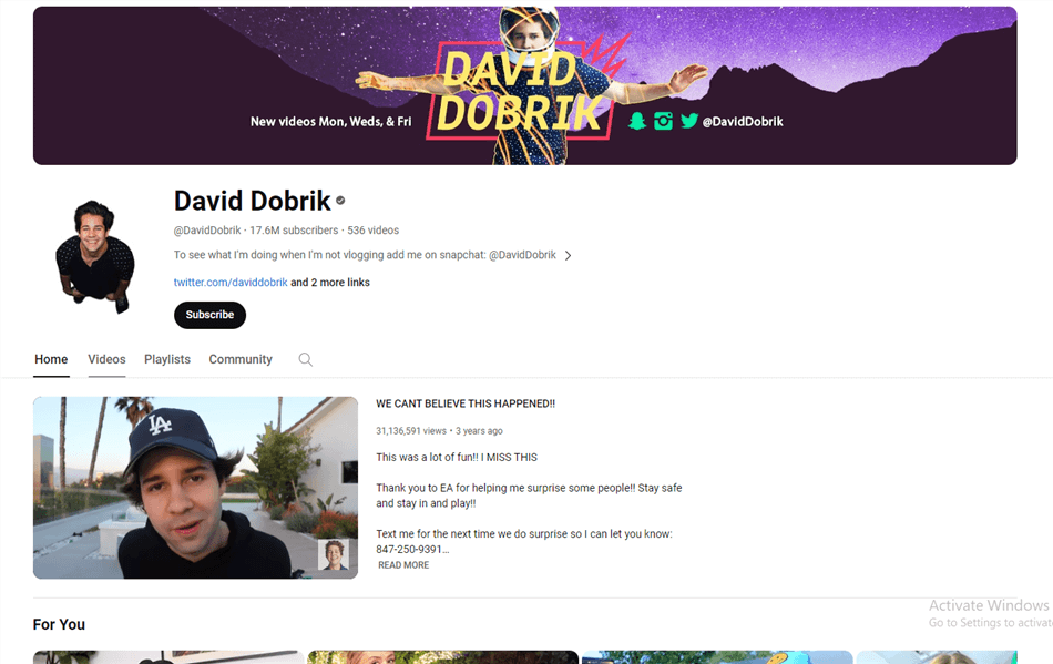 David Dobrik YouTube Channel Homepage