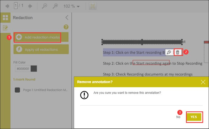 Delete the Redaction Mark by Pressing Yes