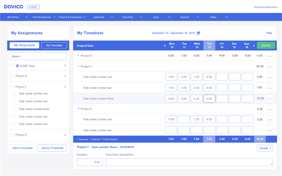 Interface of Dovico Timesheet