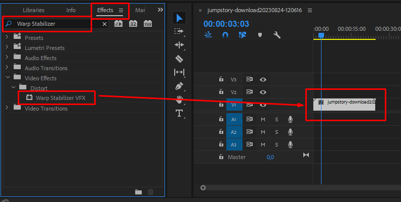 Drag the Warp Stabilizer Effect onto the Timeline