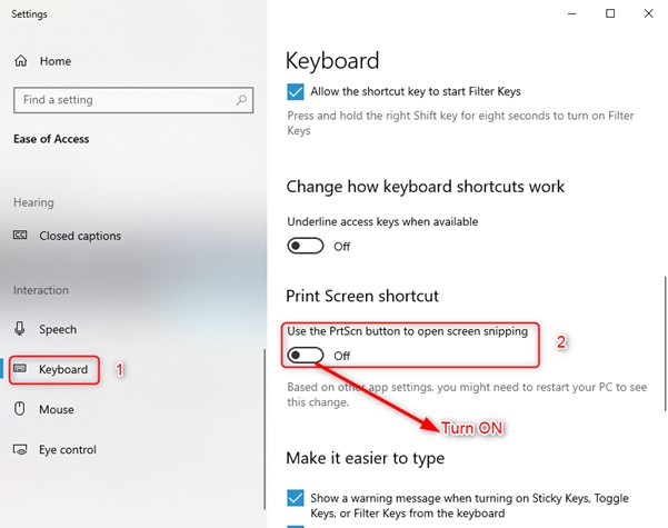 Toggle the Print Screen Shortcuts Option