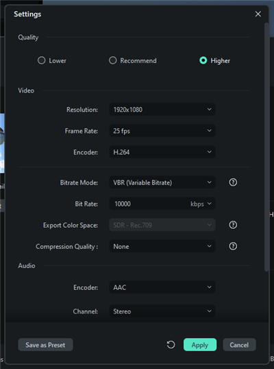 Filmora Export Settings