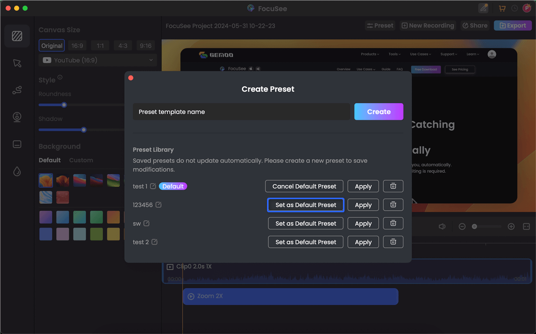 Set Default Preset