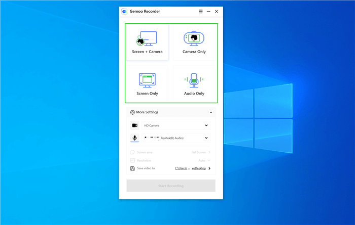 Choose to record screen, webcam or audio