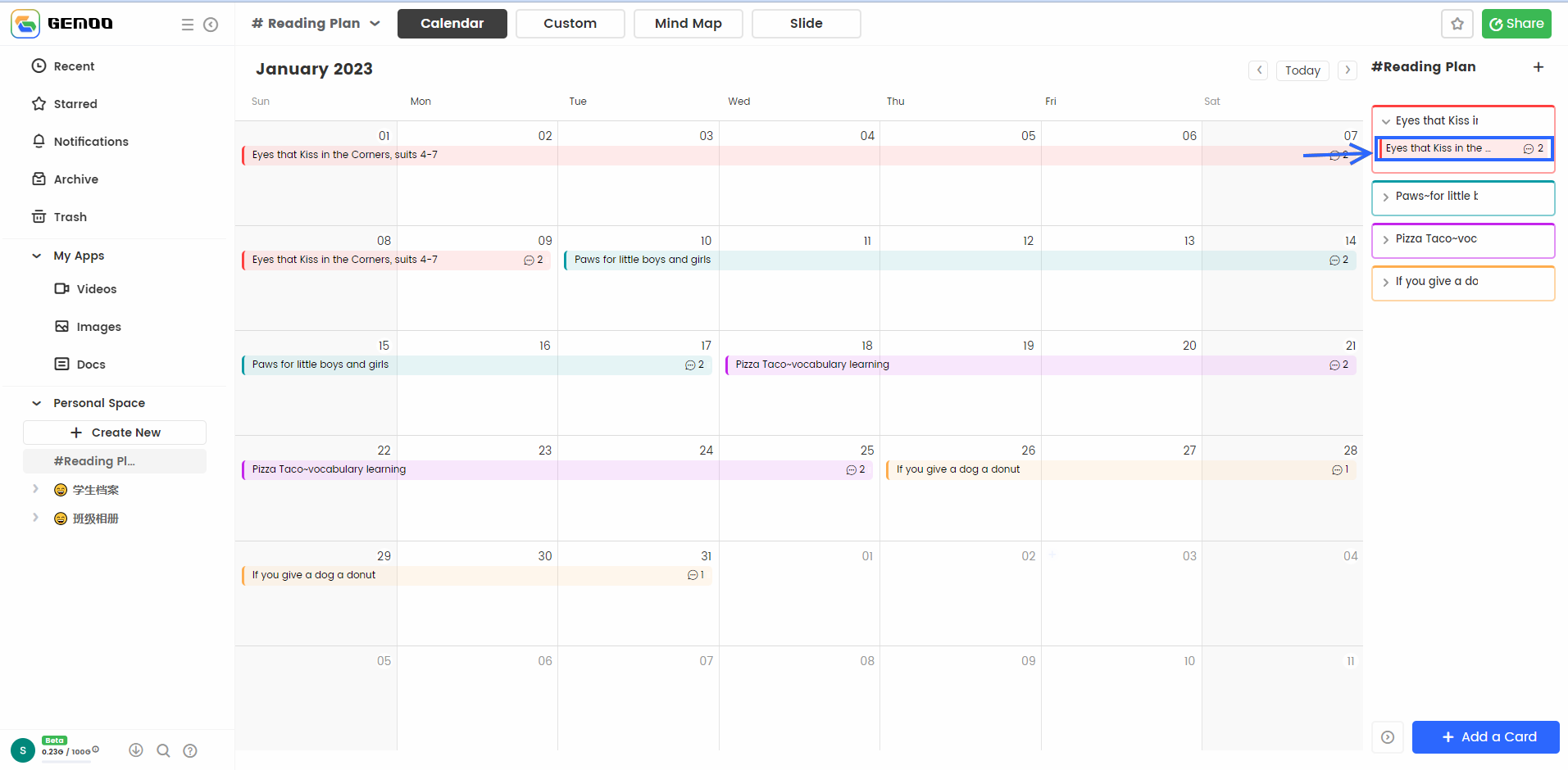 Cards under Calendar View