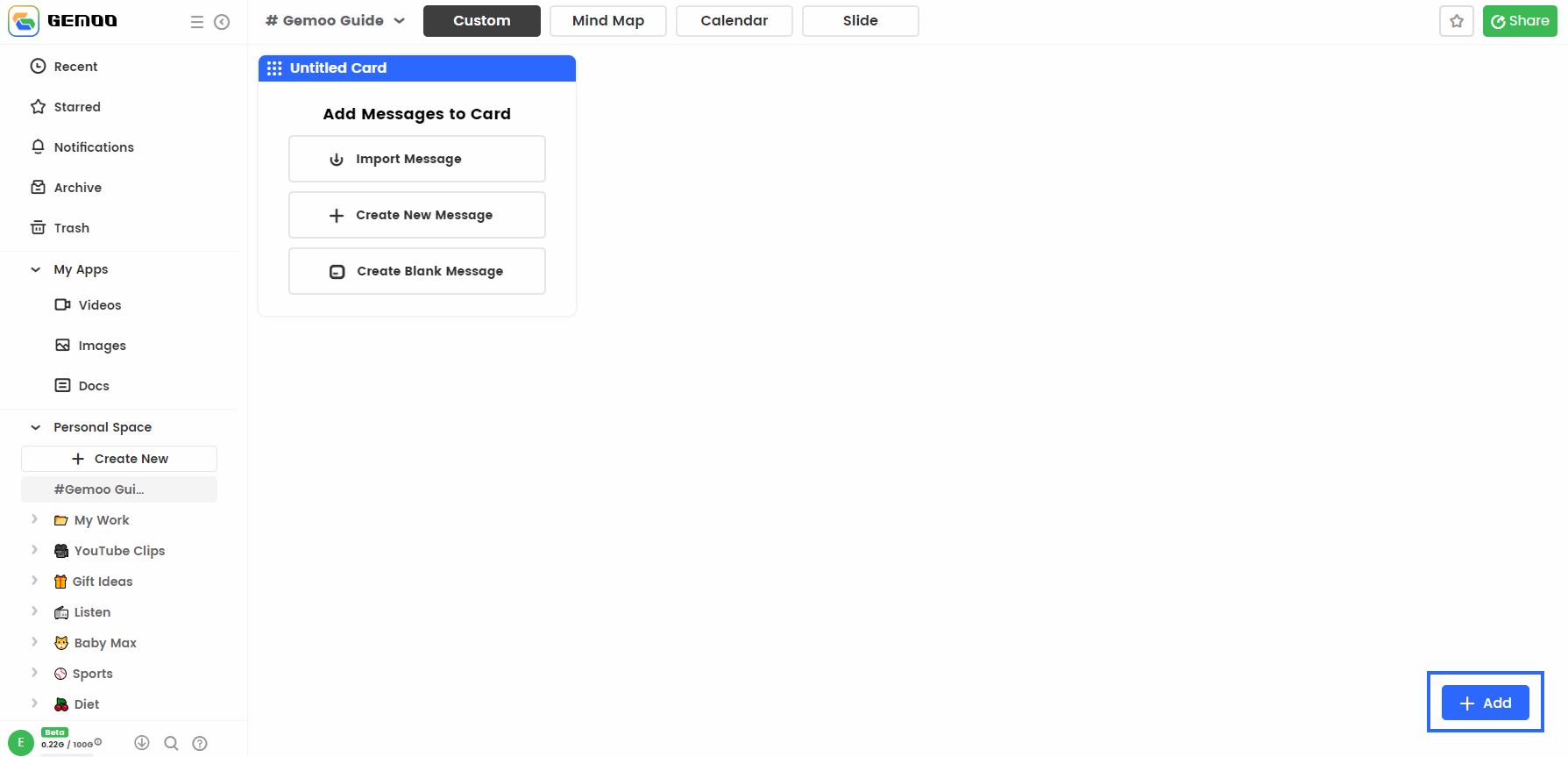 Click Add Button to Create New Card