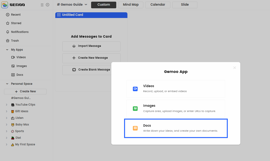 Create a Document in a Card
