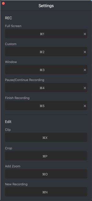 Default Shortcut Keys Settings for Mac