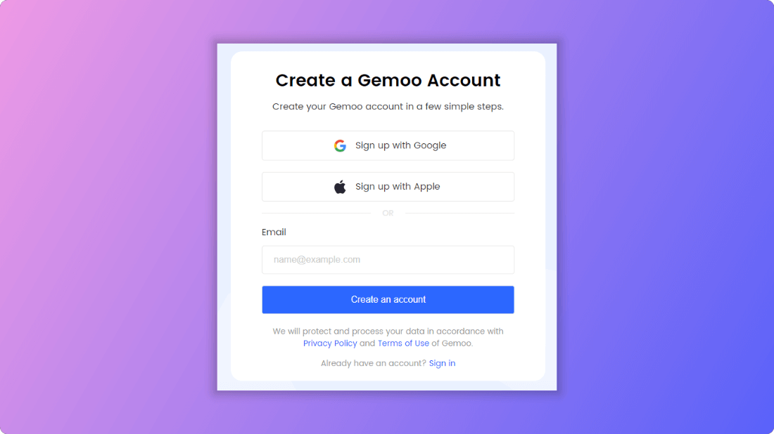 Sign up to Gemoo