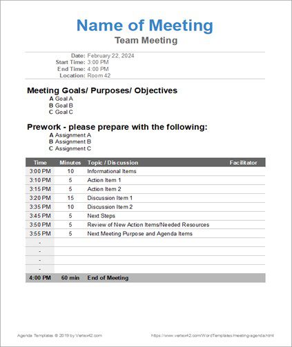 Agenda Meeting Template - Meeting Agenda with Calculated Times
