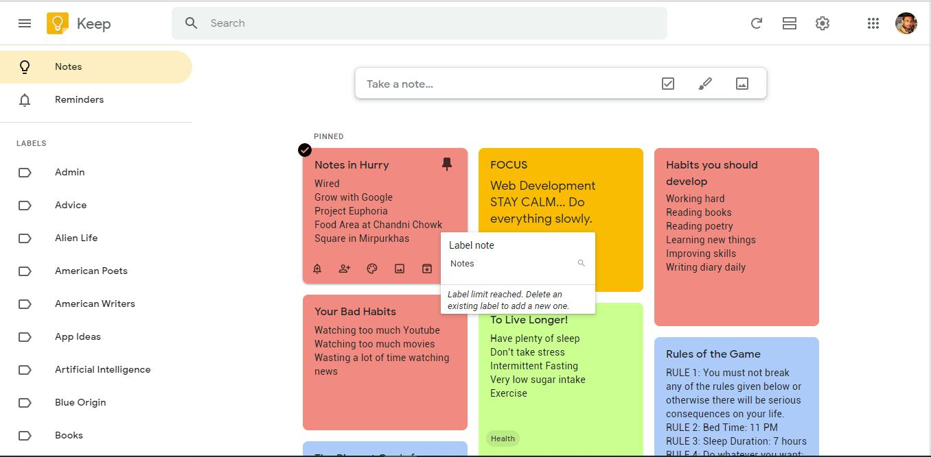 Google Keep Interface