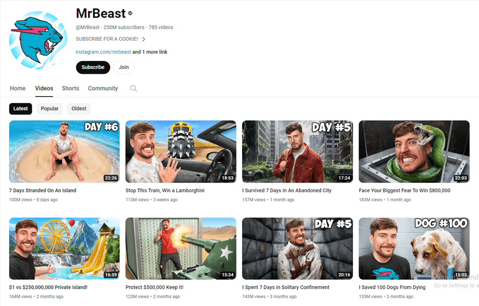 Mr. Beast YouTube Channel Homepage