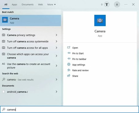 Search the Built-in Camera Software in Windows