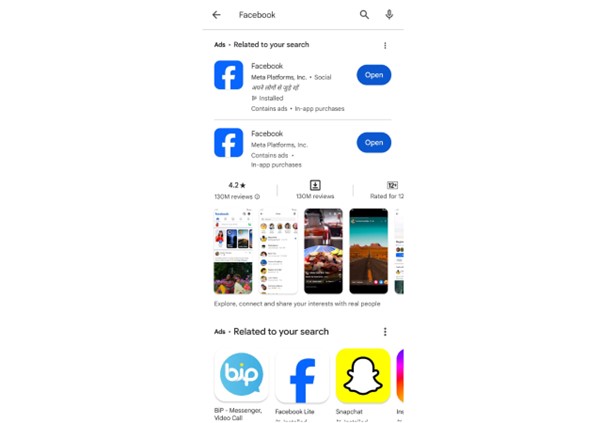 Search Facebook in Playstore