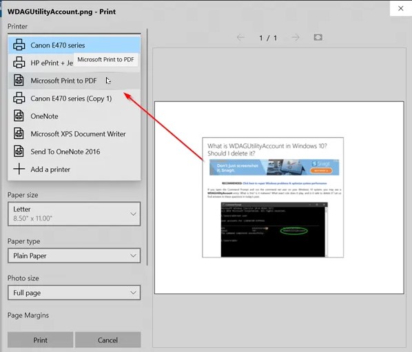 Select Microsoft Print to PDF