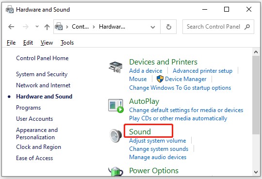 Select Sound in Control Panel