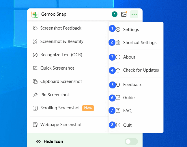 Screenshot Options of Gemoo Snap