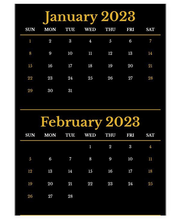 Black and Gold Monthly Calendar Template