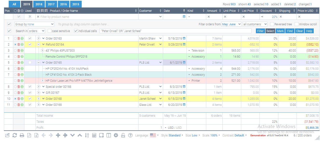 Treegrid operating interface