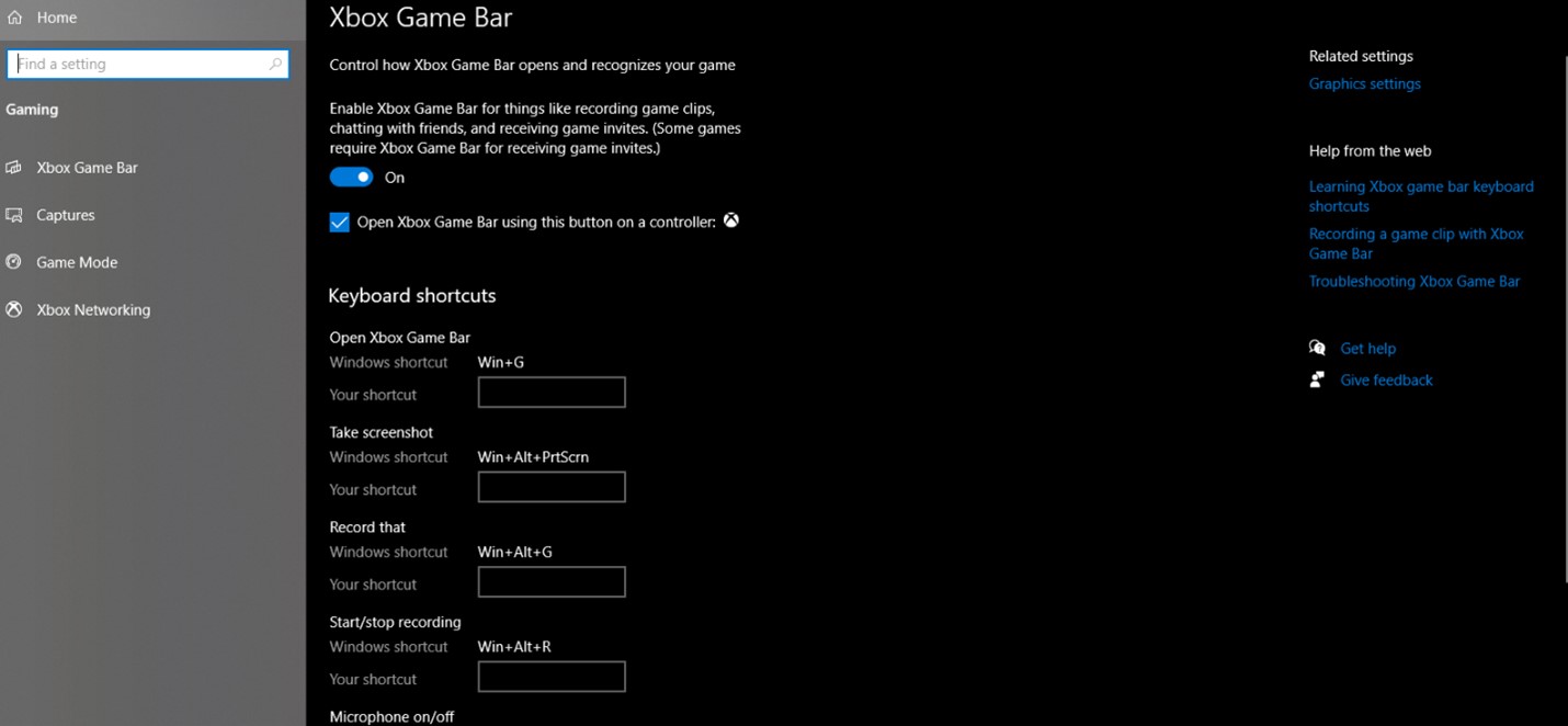Xbox Game Bar In The Settings Option