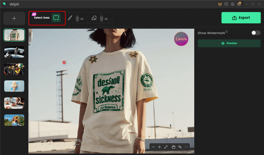 Choose the AI Select Area Option to Frame Canva Watermark